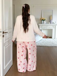 Slumberry CURVE Plus Size Women's Sweet Cherry Embroidery Contrast Plaid Cherry Print Plush Comfortable Winter Long Sleeve Pants Pajama Set - Multicolor - View 2