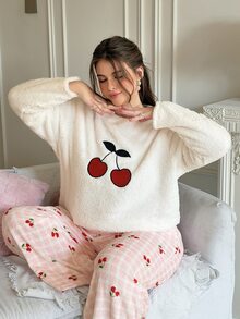 Slumberry CURVE Plus Size Women's Sweet Cherry Embroidery Contrast Plaid Cherry Print Plush Comfortable Winter Long Sleeve Pants Pajama Set - Multicolor - View 3