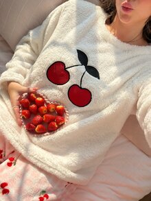 Slumberry CURVE Plus Size Women's Sweet Cherry Embroidery Contrast Plaid Cherry Print Plush Comfortable Winter Long Sleeve Pants Pajama Set - Multicolor - View 6