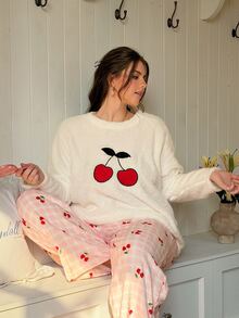 Slumberry CURVE Plus Size Women's Sweet Cherry Embroidery Contrast Plaid Cherry Print Plush Comfortable Winter Long Sleeve Pants Pajama Set - Multicolor - View 5