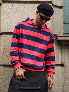 Major Grit Men's Collegiate Style Striped Hoodie, Vintage Script Lettering, Classic Kangaroo Pocket, Dropped Shoulder Loose Oversized Short Wide Fit, Soft Fabric, Retro American Streetwear Style, Striped Contrast Design, Casual Pullover Top For Daily Wear - Red - View 2