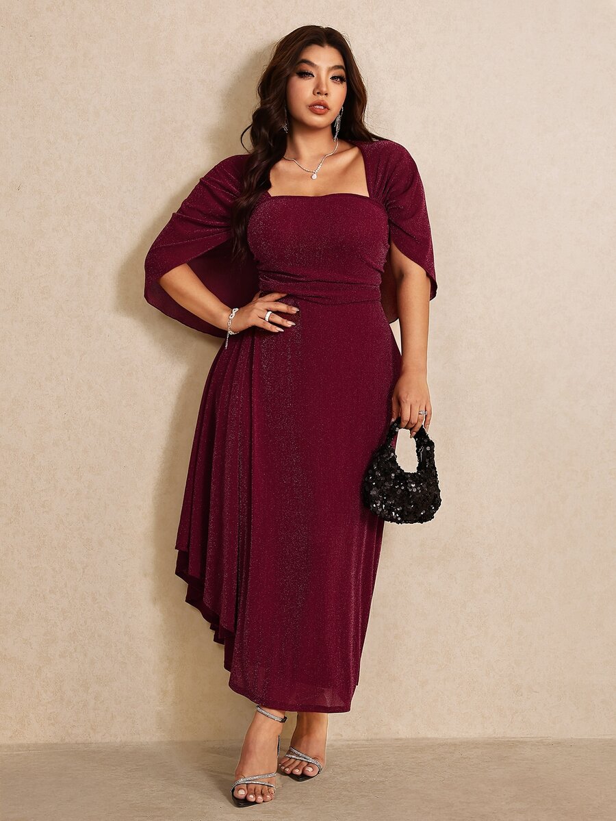 Elaquor Plus Size Women's Solid Color Pleated Elegant Sexy Waist-Cinching Party Cocktail Dress Christmas New Year Burgundy Fall/Winter Dress For Women - Burgundy - View 1