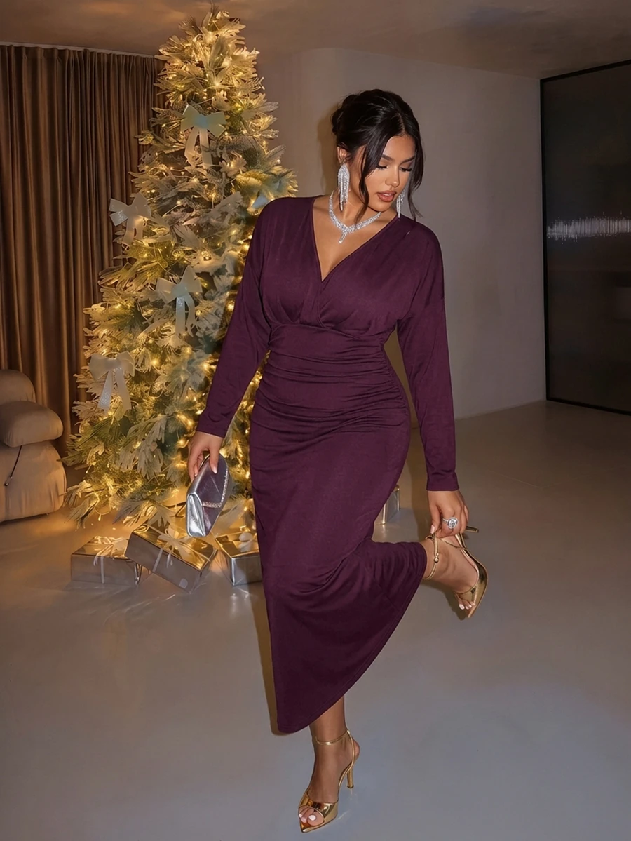 Firerie Plus Size Purple-Red Ruched Waist V-Neck Long Sleeve Dropped Shoulder Fishtail Maxi Dress For Party And Date Fall Christmas