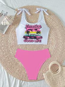 SHEIN Swim Women's Summer Beach Letter & Palm Tree Print Tankini Swimwear Sets - Pink - View 2