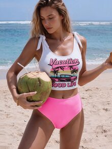 SHEIN Swim Women's Summer Beach Letter & Palm Tree Print Tankini Swimwear Sets - Pink - View 4