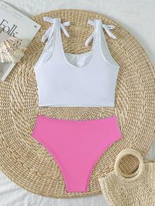 SHEIN Swim Women's Summer Beach Letter & Palm Tree Print Tankini Swimwear Sets - Pink - View 6