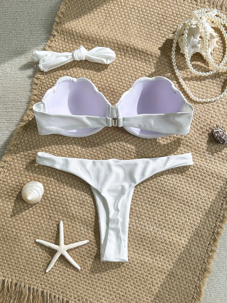 SHEIN Swim Petal Patchwork Hard Cup Detachable Strap Solid Color Sexy 2 Pieces Swimwear - White - View 4