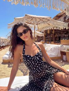 SHEIN Swim Asymmetrical Polka Dot Halter One Piece Swimsuit & Maxi Skirt Set For Women - Black and White - View 2