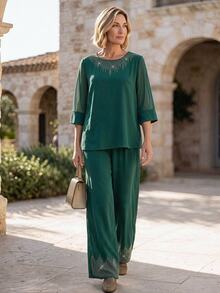 Hansera New Autumn/Winter Women's Round Neck Fashion Rhinestone Set, Vacation Casual, Commute, Elegant Women's Outfit - Dark Green - View 6