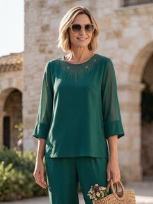 Hansera New Autumn/Winter Women's Round Neck Fashion Rhinestone Set, Vacation Casual, Commute, Elegant Women's Outfit - Dark Green - View 5