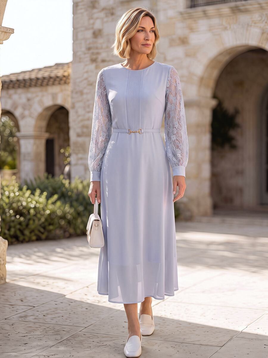 Hansera Elegant Lace Pleated Lantern Sleeve Waist-Cinching Dress, Suitable For Both Formal Events And Daily Wear! - Mauve Purple - View 1