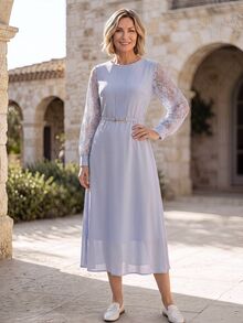 Hansera Elegant Lace Pleated Lantern Sleeve Waist-Cinching Dress, Suitable For Both Formal Events And Daily Wear! - Mauve Purple - View 5