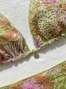 Bonvoyette Spring/Summer Floral 3D Sequin Textured Women's Swimsuit Set, Beach Party Vacation Bikini, Green Jamaican Boho Tropical - Green - View 4