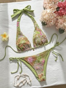 Bonvoyette Spring/Summer Floral 3D Sequin Textured Women's Swimsuit Set, Beach Party Vacation Bikini, Green Jamaican Boho Tropical - Green - View 6