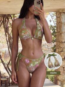 Bonvoyette Spring/Summer Floral 3D Sequin Textured Women's Swimsuit Set, Beach Party Vacation Bikini, Green Jamaican Boho Tropical - Green - View 1
