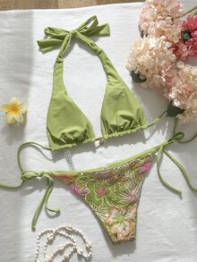Bonvoyette Spring/Summer Floral 3D Sequin Textured Women's Swimsuit Set, Beach Party Vacation Bikini, Green Jamaican Boho Tropical - Green - View 2