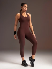 Powerista Women's Brown & Blue Colorblock Ankle-Length Backless Sports Jumpsuit - Brown - View 2