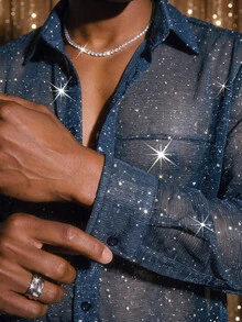 AKNOTIC Men's Knitted Loose Short Sleeve Shirt Halloween Christmas Winter Party Autumn - Royal Blue - View 7