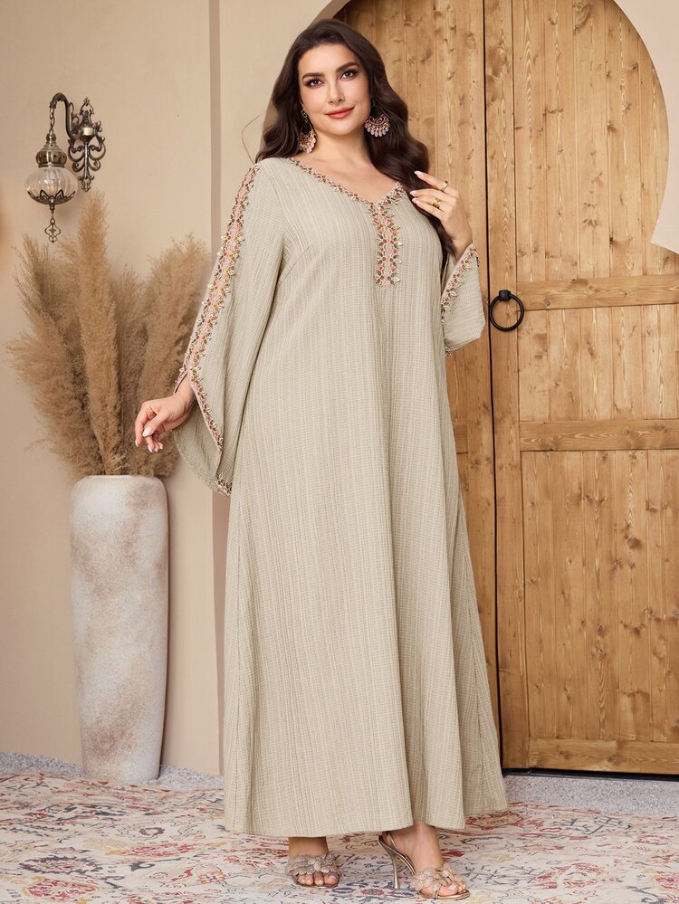 Al Najma Plus Size Women's V-Neck Floral Embellished Flare Sleeve Arabic Traditional Modest Long Dress Christening Thailand Holiday Ninang Wedding Grey Fall - Khaki - View 6