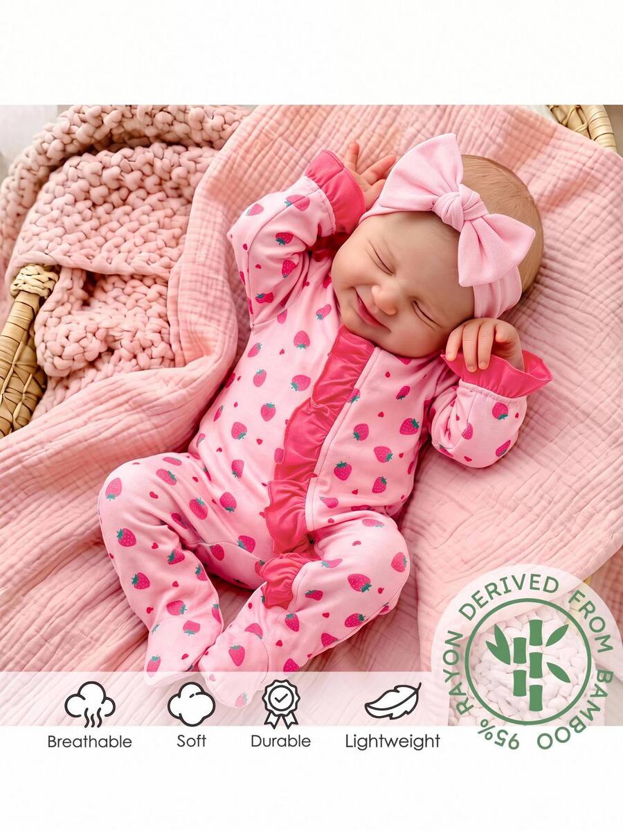 SHEIN Newborn Baby Bamboo Fiber Pattern Casual Daily Home Pajama Jumpsuit - Pink - View 1
