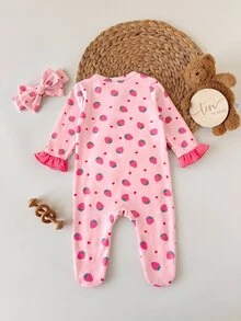 SHEIN Newborn Baby Bamboo Fiber Pattern Casual Daily Home Pajama Jumpsuit - Pink - View 5