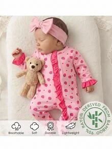 SHEIN Newborn Baby Bamboo Fiber Pattern Casual Daily Home Pajama Jumpsuit - Pink - View 3