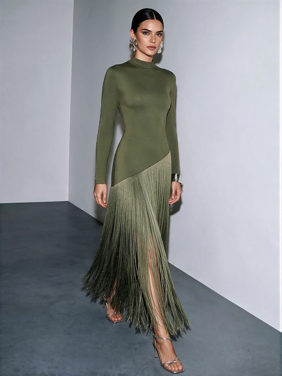 Anewsta Women's New Stand Collar Long Sleeve Patchwork Tassel Dress - Army Green - View 1
