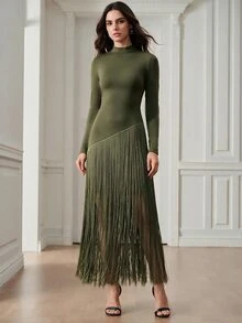 Anewsta Women's New Stand Collar Long Sleeve Patchwork Tassel Dress - Army Green - View 5