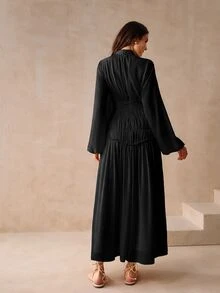 Anewsta Essential Waist Cinching Lantern Sleeve Midi Dress Maxi Women Outfit - Black - View 2