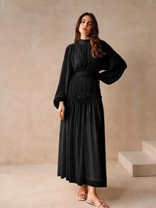 Anewsta Essential Waist Cinching Lantern Sleeve Midi Dress Maxi Women Outfit - Black - View 3