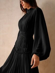 Anewsta Essential Waist Cinching Lantern Sleeve Midi Dress Maxi Women Outfit - Black - View 1