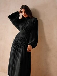 Anewsta Essential Waist Cinching Lantern Sleeve Midi Dress Maxi Women Outfit - Black - View 4