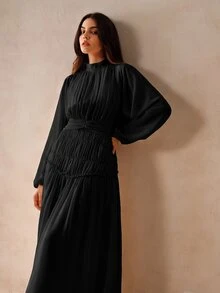Anewsta Essential Waist Cinching Lantern Sleeve Midi Dress Maxi Women Outfit - Black - View 6