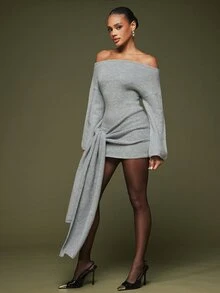 Hauture Grey Off-Shoulder Flared Long Sleeve Knit Dress With Tie-Up Ruched Waist And Bodycon Mini Dress, Date Night Outfit - Grey - View 3