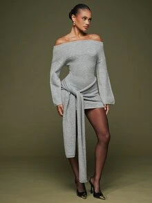 Hauture Grey Off-Shoulder Flared Long Sleeve Knit Dress With Tie-Up Ruched Waist And Bodycon Mini Dress, Date Night Outfit - Grey - View 4