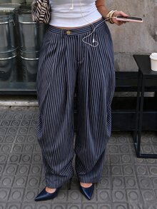 Easura Plus Size Elegant Casual Pinstripe High Waist Pleated Wide Leg Trousers, Office Brunch Commuter Loose Fit Pants Fall - Navy Blue - View 1