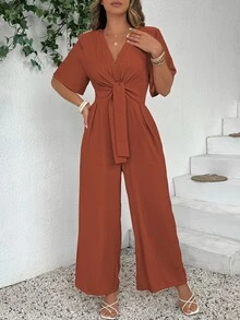 DreamSkyne Plus Size Fashionable Casual Elegant Retro V-Neck Cinched Waist Jumpsuit Formal Brunch Brown Summer - Orange - View 5
