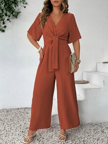 DreamSkyne Plus Size Fashionable Casual Elegant Retro V-Neck Cinched Waist Jumpsuit Formal Brunch Brown Summer - Orange - View 8