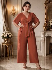 DreamSkyne Plus Size Fashionable Casual Elegant Retro V-Neck Cinched Waist Jumpsuit Formal Brunch Brown Summer - Orange - View 6