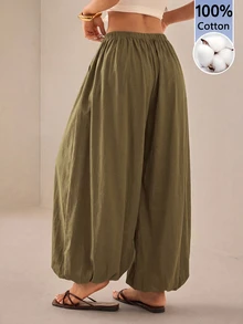 SHEIN PETITE Women's Solid Color Casual Versatile Daily Wear Long Pants - Army Green - View 2