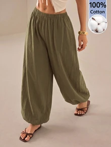 SHEIN PETITE Women's Solid Color Casual Versatile Daily Wear Long Pants - Army Green - View 1