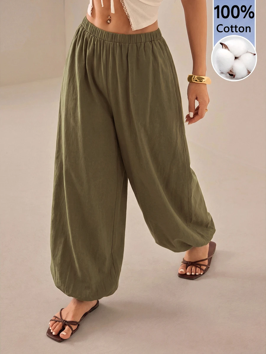 SHEIN PETITE Women's Solid Color Casual Versatile Daily Wear Long Pants - Army Green - View 1