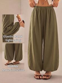 SHEIN PETITE Women's Solid Color Casual Versatile Daily Wear Long Pants - Army Green - View 6