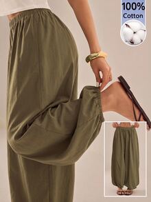 SHEIN PETITE Women's Solid Color Casual Versatile Daily Wear Long Pants - Army Green - View 5