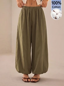 SHEIN PETITE Women's Solid Color Casual Versatile Daily Wear Long Pants - Army Green - View 4