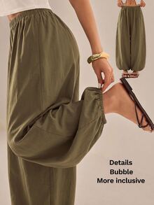 SHEIN PETITE Women's Solid Color Casual Versatile Daily Wear Long Pants - Army Green - View 8