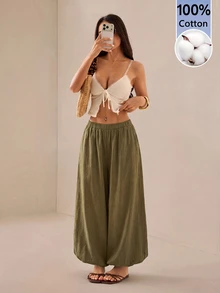 SHEIN PETITE Women's Solid Color Casual Versatile Daily Wear Long Pants - Army Green - View 3