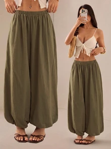 SHEIN PETITE Women's Solid Color Casual Versatile Daily Wear Long Pants - Army Green - View 7