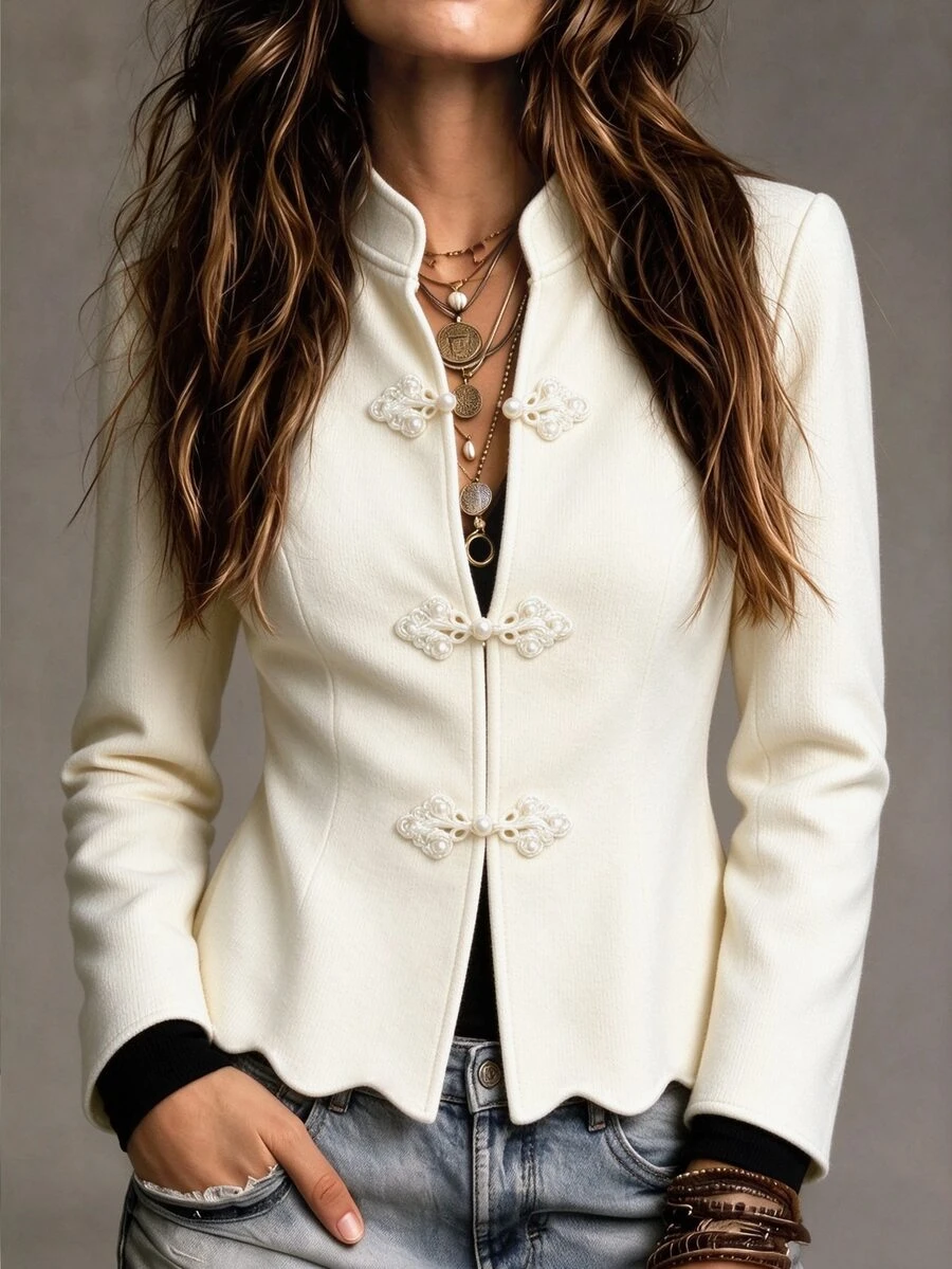 LUMIGAL Women Chinese Style Elegant Wool Blend Jacket, Stand Collar Frog Buttons Slim Fit Short Coat, Wave Hem High Tea Party Date Off-White Fall - Beige - View 1