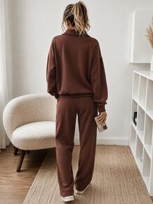 Zayélia Women's Coffee Brown Zip-Up Half-Placket Sweatshirt + Pocket Long Pants 2 Pieces Set - Coffee Brown - View 2